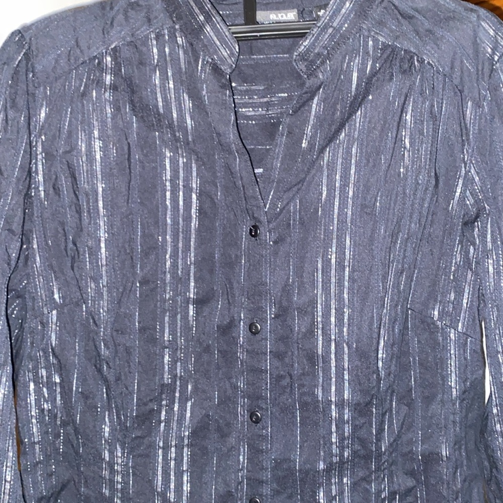 a.n.a Black Silver metallic Pinstripe Button Down shirt Size PL - Picture 2 of 7